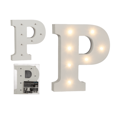 Lettera di legno illuminata P, con 7 LED,
