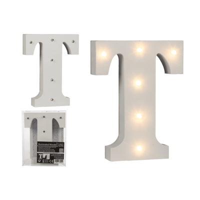 Lettera di legno illuminata T, con 6 LED,
