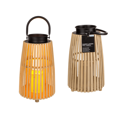 Linterna de bambú con vela LED & asa, aprox. 19