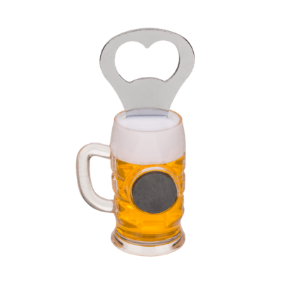 Metal bottle opener, beer glass with magnet,