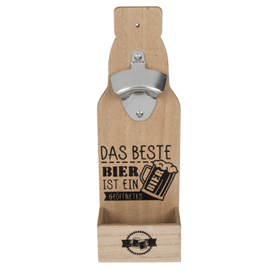 Metal bottle opener on wooden board with