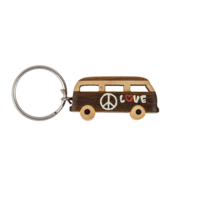 Metal keychain, Natural wood Hippie Van,