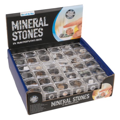 Mineralsteine, in Kunststoff-Box mit Lupe,