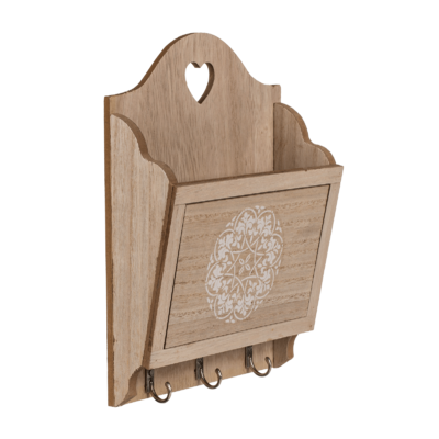 Natural coloured wooden key box with 3 hooks &,