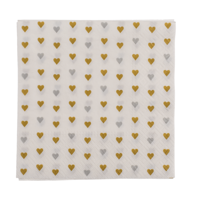 Paper napkins, hearts, silver & gold,