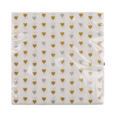 Paper napkins, hearts, silver & gold,