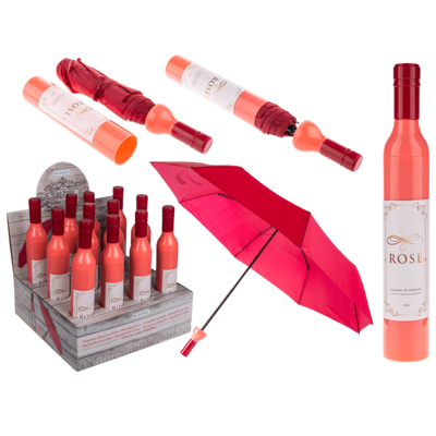 Paraguas de bolsillo, botella de vino rosado,