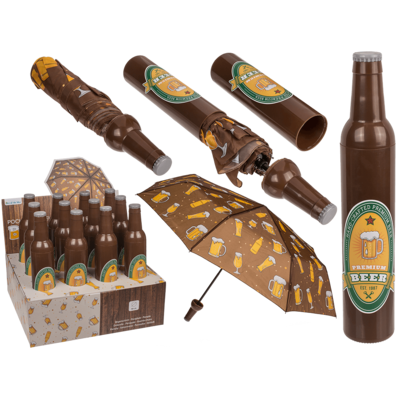 Parapluie de poche, bouteille de bière,