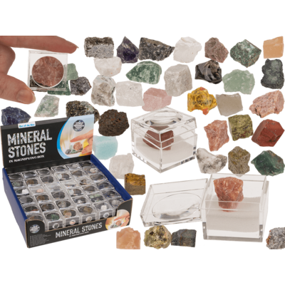 Piedras minerales, en caja de plástico con lupa