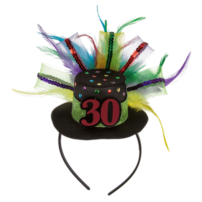 Plastic hairband with birthday hat 30 & feathers,