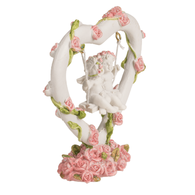 Polyresin angel couple in heart swing with pink,