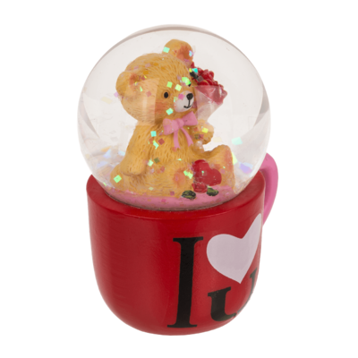 Polyresin glitter globe, bear in mug,