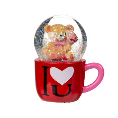 Polyresin glitter globe, bear in mug,
