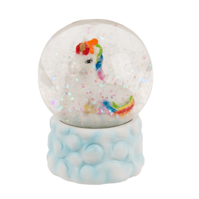 Polyresin glitter globe, unicorn on cloud,