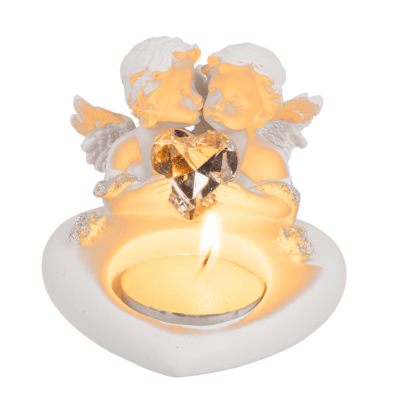 Polyresin heart tealight holder with double angel