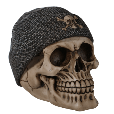 Polyresin savings bank, Skull with fishers hat,