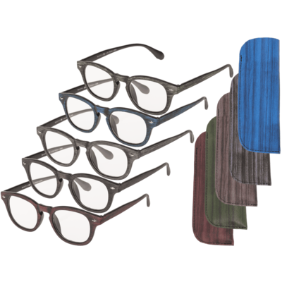 Reading glasses with plastic frame, 5 strengths,