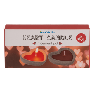 Red candle in cement pot, heart shaped,