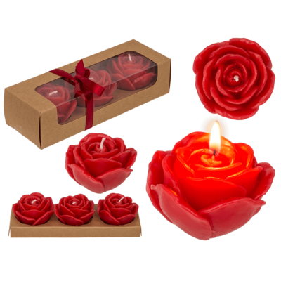 Red colored candle, rose, set of 3 pcs,
