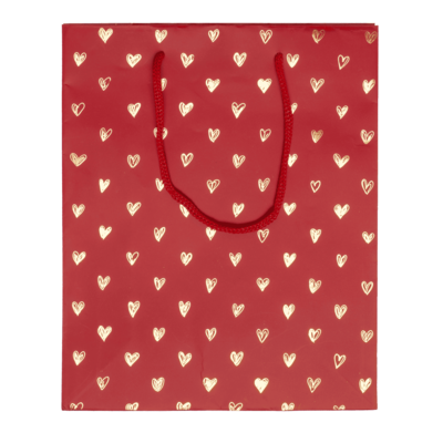 Red coloured paper gift bag, Shiny Hearts,