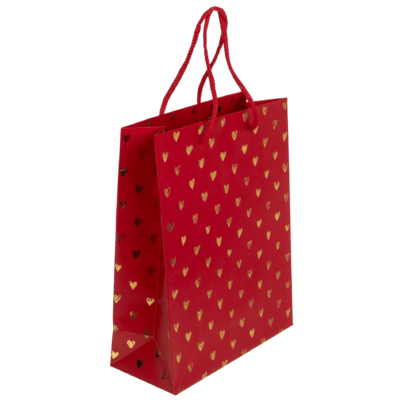 Red coloured paper gift bag, Shiny Hearts,