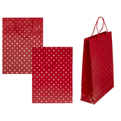 Red coloured paper gift bag, Shiny Hearts,