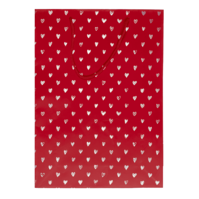 Red coloured paper gift bag, Shiny Hearts,