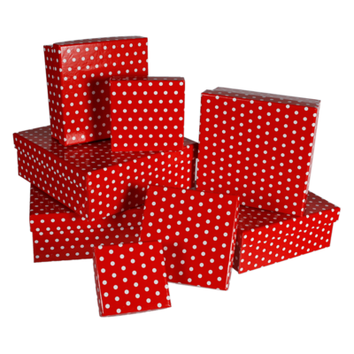 Red gift boxes with white dots,