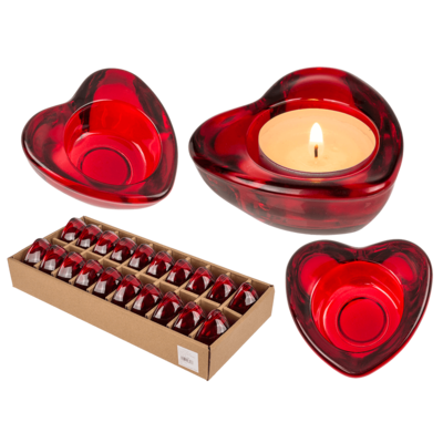 Red glass tealight holder, Heart,