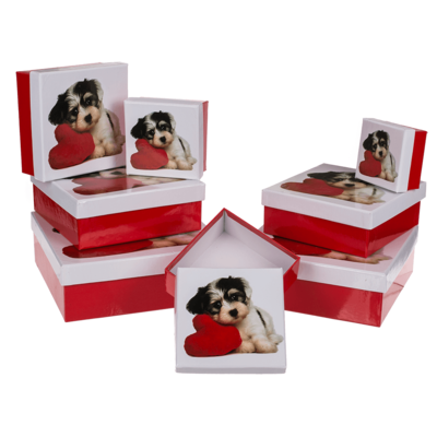 Red/white gift boxes, Dog with heart,