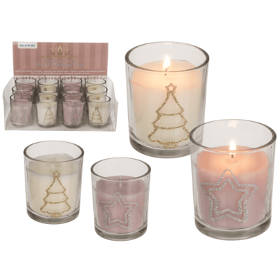 Rose/White candle in glass, star & christmas tree,