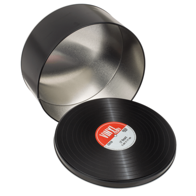 Round metal tin, vinyl record,