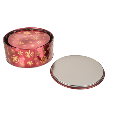 Round red/gold colored metal tin, snowflake,