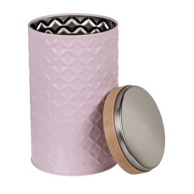 Round tin box with bamboo look cover,