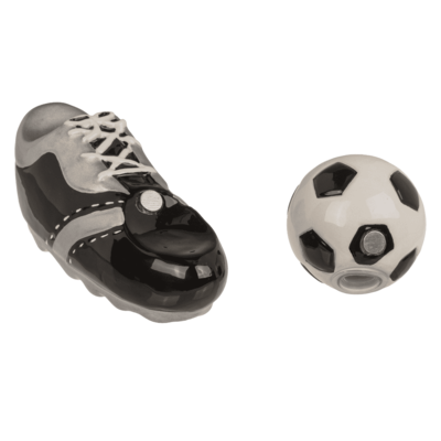 Salt& pepper shaker, football & shoe, with magnet,