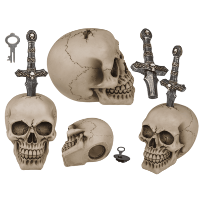 Saving bank with lock, Skull with blade,