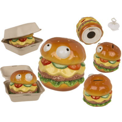 Savings bank with lock, Burger with eyes in box,