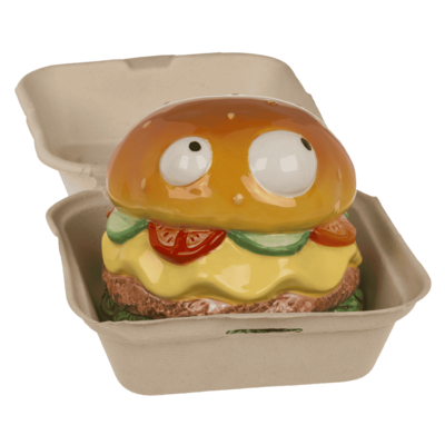 Savings bank with lock, Burger with eyes in box,