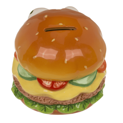 Savings bank with lock, Burger with eyes in box,