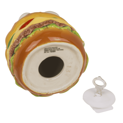 Savings bank with lock, Burger with eyes in box,