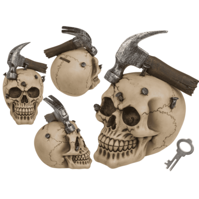 Savings bank with lock, Skull with hammer & nails,