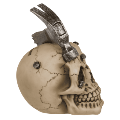 Savings bank with lock, Skull with hammer & nails,