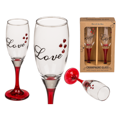 Sektglas mit Herzen und rotem Sockel, Love,