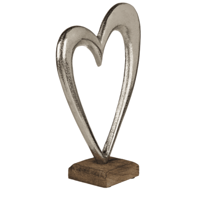 Silberfarbenes Metall-Herz auf Holz-Standfuß,
