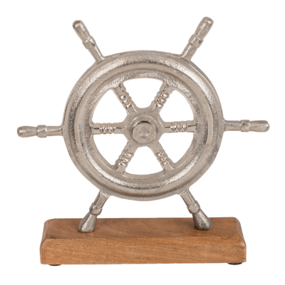 Silver colored metal wheel, on wooden base,