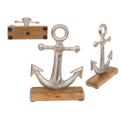 Silver coloured metal anchor, on wooden base,