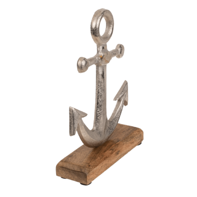Silver coloured metal anchor, on wooden base,