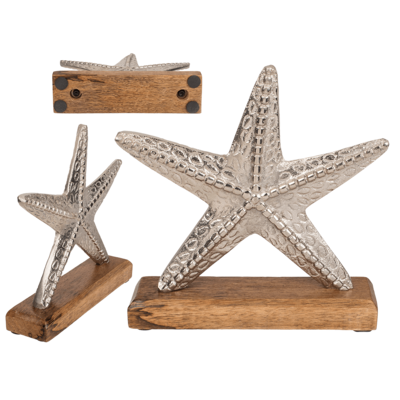 Silver coloured metal Star Fish, on wooden base,