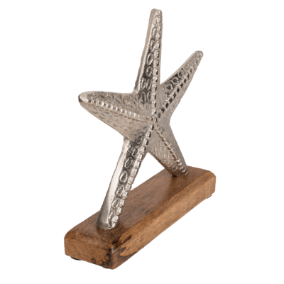 Silver coloured metal Star Fish, on wooden base,