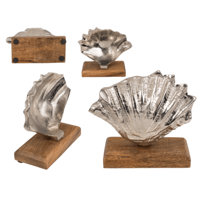Silver coloured Shell, on wooden base,